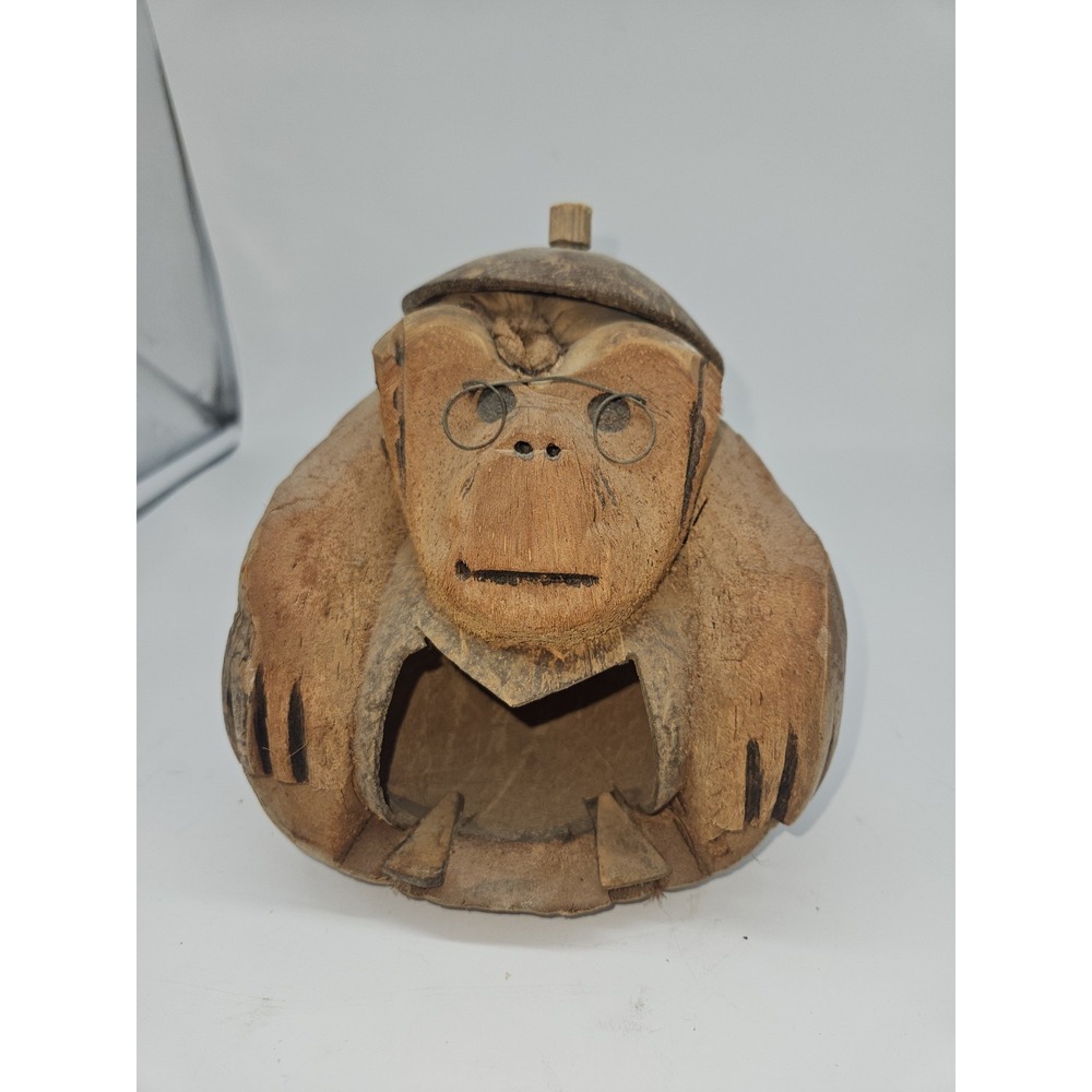 Vintage Hand Carved Coconut Shell Monkey Figurine With Glasses